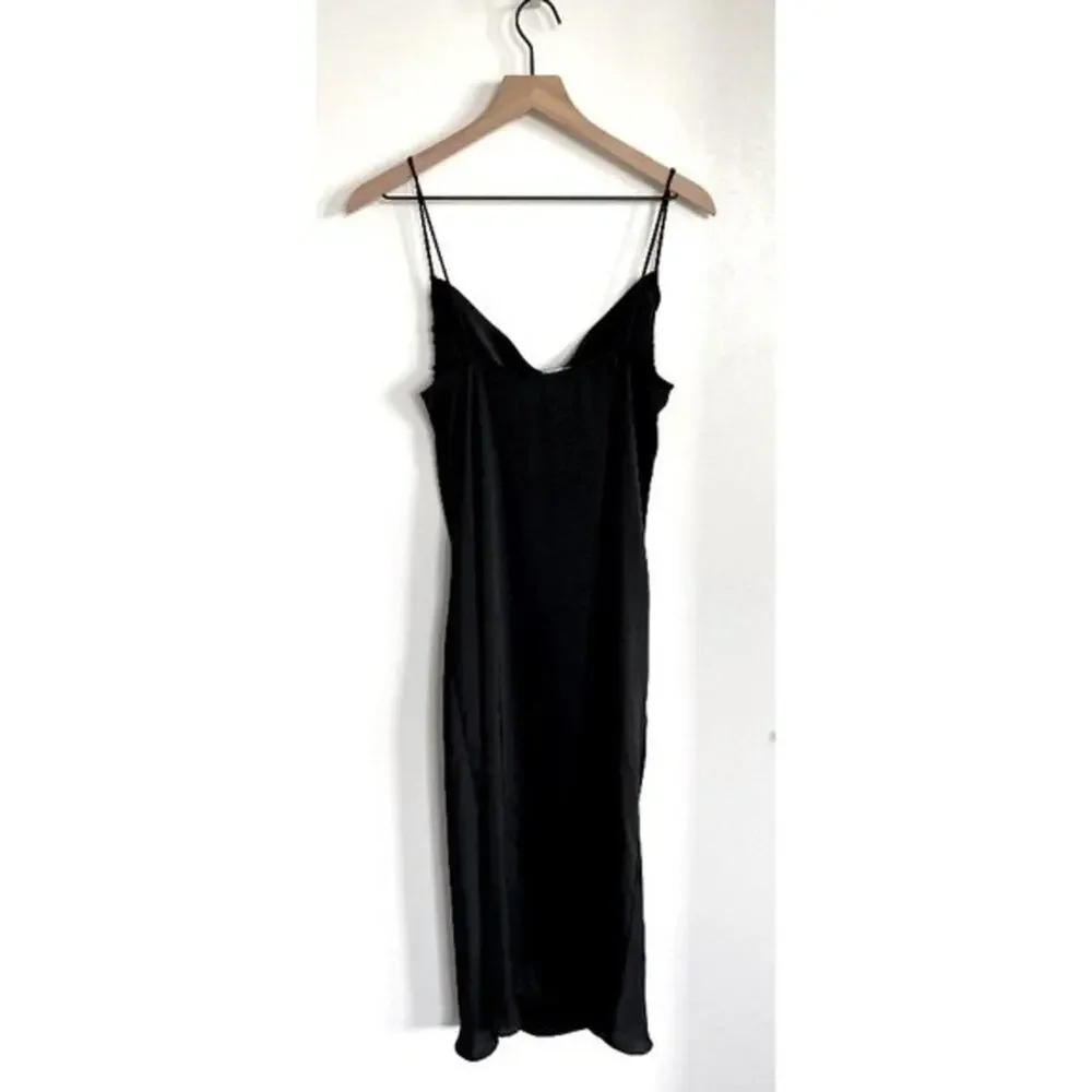 ZARA Classic Black Satin Midi Slip Dress Size M
